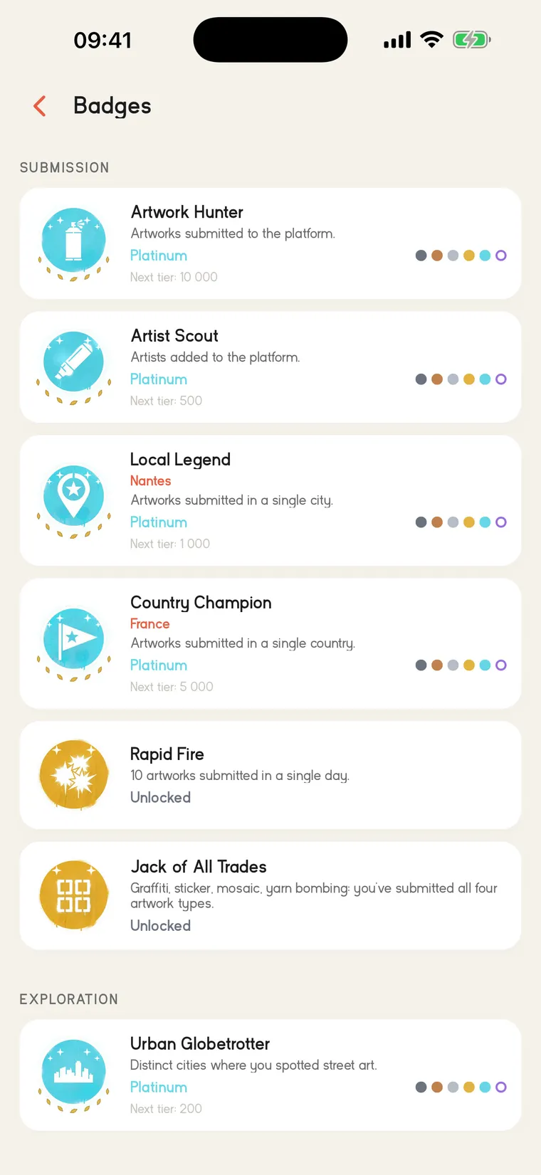 Badges, unlocked as you explore