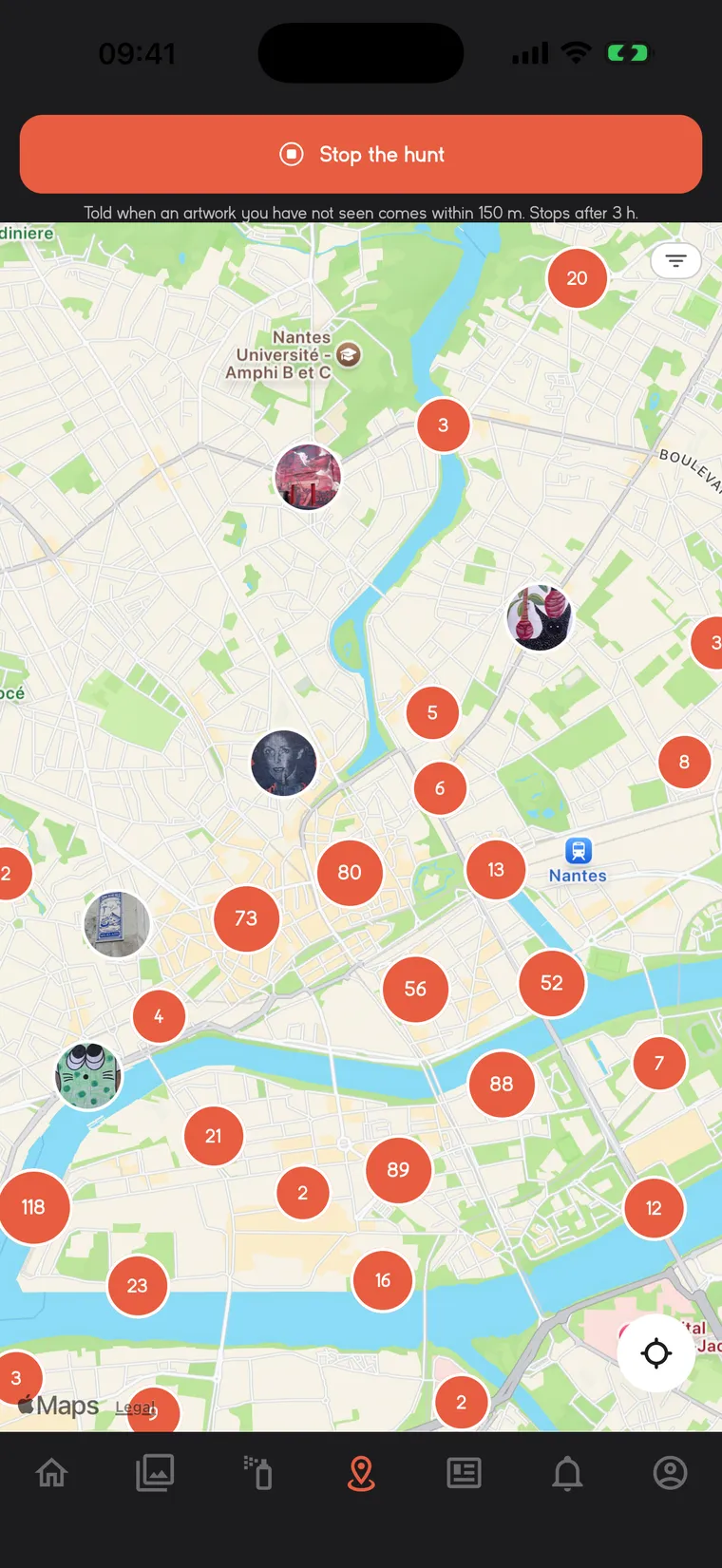Hunt mode: get a ping when an artwork you have never seen comes within 150 m