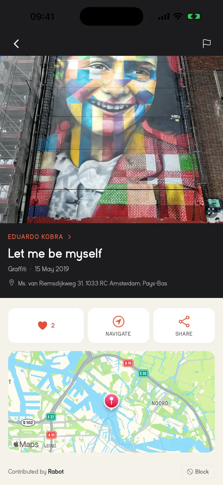 An artwork page: its photos, its artist, its address